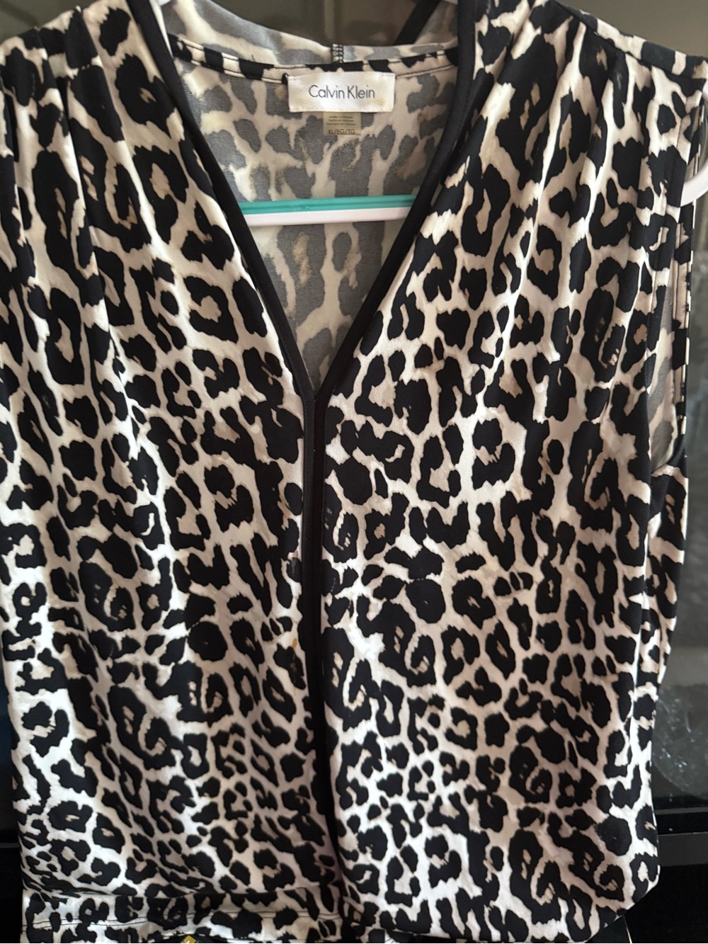 Calvin Klein Black and White Leopard-Print V-Neck Blouse